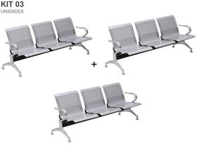 Kit com 03 Cadeiras Longarina Aeroporto Cromada 3 Lugares - TM