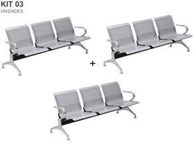 Kit com 03 Cadeiras Longarina Aeroporto Cromada 3 Lugares
