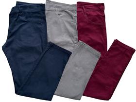 Kit com 03 calças masculinas jeans e sarja com elastano algodão modelos slim