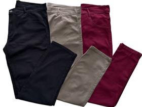 Kit com 03 calças masculinas jeans e sarja com elastano algodão modelos slim