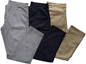 Kit com 03 calças masculinas jeans e sarja com elastano algodão modelos slim