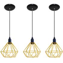 Kit com 03 Luminarias Pendente Aramado Modelo Diamante Amarelo ideal para ser utilizado com lâmpadas de filamento LED