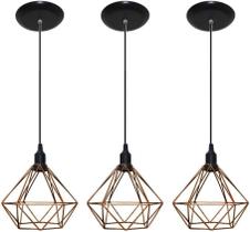 Kit com 03 Luminarias Pendente Aramado Modelo Diamante Gold Rose Com Fio Preto