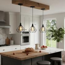 Kit com 03 Luminarias Pendente Aramado Modelo Diamante - Preto - ideal para ser utilizado com lâmpadas de filamento LED