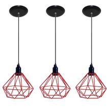 Kit com 03 Luminarias Pendente Aramado Modelo Diamante Vermelho ideal para ser utilizado com lâmpadas de filamento LED