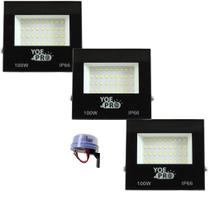 Kit com 03 refletores led holofote 100w + 01-relé fotocélula acende a noite e apaga de dia