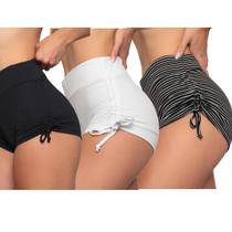 Kit Com 03 Short Moda Praia Com Ajuste Lateral e Cós(Branco, Preto, Listrado) Kit Com 03 Short Moda Praia Com Ajuste Lateral e Cós(Branco, Preto, Listrado)