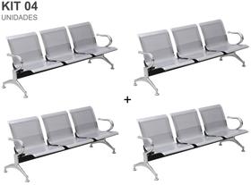 Kit com 04 Cadeiras Longarina Aeroporto Cromada 3 Lugares - TM