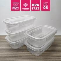 Kit com 05 potes rasos médio com travas 500ml transparente