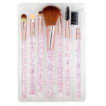 Kit com 07 Pincéis Maquiagem Profissional Cabo Glitter Rosa