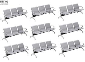 Kit com 09 Cadeiras Longarina Aeroporto Cromada 3 Lugares