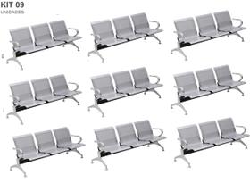 Kit com 09 Cadeiras Longarina Aeroporto Cromada 3 Lugares - TM