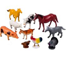 Kit Com 10 Animais De Brinquedo Miniaturas Zoo Fazenda