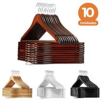 Kit com 10 Cabides de Madeira Luxo, Adulto com Gancho Giratório 44 cm, Cores: Marfim/Mogno/Branco/Preto