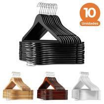 Kit com 10 Cabides de Madeira Luxo, Adulto com Gancho Giratório 44 cm, Cores: Marfim/Mogno/Branco/Preto