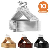 Kit com 10 Cabides de Madeira Luxo, Adulto com Gancho Giratório 44 cm, Cores: Marfim/Mogno/Branco/Preto