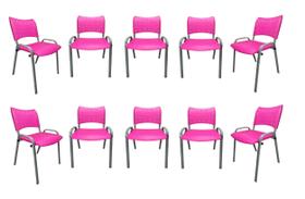 Kit Com 10 Cadeiras Iso Para Escola Escritório Comércio Rosa Base Prata