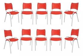 Kit Com 10 Cadeiras Iso Para Escola Escritório Comércio Vermelha Base Branca