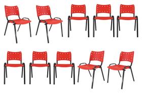 Kit Com 10 Cadeiras Iso Para Escola Escritório Comércio Vermelha Base Preta