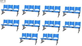 Kit com 10 Cadeiras Longarina PLÁSTICA 03 Lugares Cor Azul Mastcmol