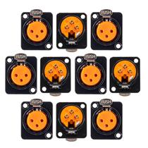 Kit com 10 Conectores XLR Fêmea Painel Profissional Laranja