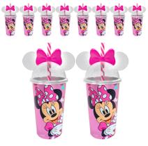 Kit com 10 Copo Minnie Rosa com Canudo 500ml Para Festa Infantil