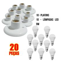 Kit Com 10 Plafons Branco e 10 Lâmpadas LED Bulbo 9w Branco Frio Ourolux