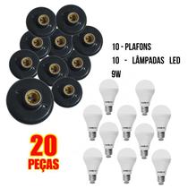 Kit Com 10 Plafons Preto e 10 Lâmpadas LED Bulbo 9w Econômica Branco Frio Ourolux