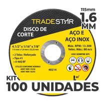 Kit Com 100 Disco De Corte Metal 4.1/2 115X1,6 Mm - Tradestar