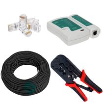 Kit com 100 Metros de Cabo de Rede Preto Cat5e + Alicate De Crimpar + Testador de Cabo de Rede + 25 Conectores RJ45