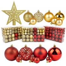 Kit com 101 peças bolinhas árvore de natal, ponteira grátis decoração natalina dourado vermelho ou misto Kit com 101 peças bolinhas árvore de natal, ponteira grátis decoração natalina dourado vermelho ou misto