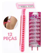Kit com 12 Aparelhos de Barbear Rosa Descartáveis Antialérgico para Depilação com 3 Lâminas e Fita Lubrificante Kit com 12 Aparelhos de Barbear Rosa Descartáveis Antialérgico para Depilação com 3 Lâminas e Fita Lubrificante