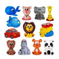 Kit Com 12 Brinquedos De Vinil Para Bebê Maralex - Leão, Elefante, Girafa, Tigre, Hipopótamo, Porco, Baleia, Panda, Cach