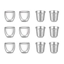 Kit com 12 Copos para Café 6 Copos Dupla Parede 80ml e 6 Copos Inox 80 ml