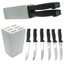 Kit com 12 Facas De Serrinha Churrasco 22,5 Cm Com Cepo Suporte De Madeira Faqueiro - Queima de Estoque!