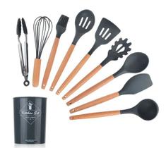 Kit com 12 Peças Utensílios De Cozinha Colheres Espatula Silicone Cabo Madeira Kit com 12 Peças Utensílios De Cozinha Colheres Espatula Silicone Cabo Madeira