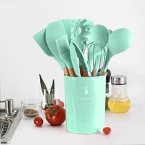 Kit com 12 Peças Utensilios De Cozinha Em Silicone com Cabo Em Madeira