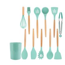 Kit com 12 peças Utensílios de Cozinha Silicone e Cabo de Madeira Bambu Jogo BPA FREE Espátula Colher Concha VERDE