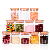 Kit com 12 Potes 200ml de Vidro Herméticos Organizadores de Cozinha Tampa Bambu Etiqueta e Caneta
