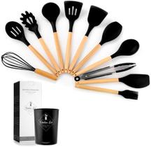 Kit Com 12 Utensílios De Cozinha De Silicone E Cabo Madeira