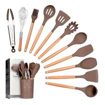 Kit Com 12 Utensílios De Cozinha Silicone Cabo Madeira