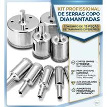 Kit com 15 peças broca copo diamantada para vidro cerâmica porcelanato azulejo mármore 6mm a 50mm