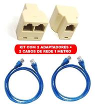 Kit Com 2 Adaptadores Duplicadores de Rede RJ45 LAN Internet + 2 Cabos de Rede 1 metro - PSM
