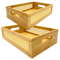 Kit com 2 Bandejas Multiuso Retangulares de Bambu com Palha Indiana e Acrílico