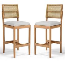 Kit Com 2 Banqueta Milena Madeira Maciça Assento Estofado Encosto De Tela Palha Sextavada Linho Cinza 407