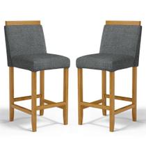 Kit Com 2 Banquetas Eloá Madeira Maciça Assento Estofado Para Bancada Linho Chumbo 406