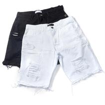 Kit com 2 bermudas shorts jeans masculina slim rasgado preto/branco modelo ( destroyed ) Kit com 2 bermudas shorts jeans masculina slim rasgado preto/branco modelo ( destroyed )