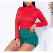 Kit com 2 Blusa feminina manga longa gola alta canelada modelo básica