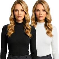 Kit com 2 Blusas Femininas Gola Alta Ribana Canelada Segunda Pele Cacharrel Manga Longa Elegante