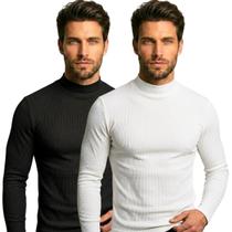 Kit com 2 Blusas Gola Alta Cacharrel Masculina Canelada Manga Longa Confortável para Frio
